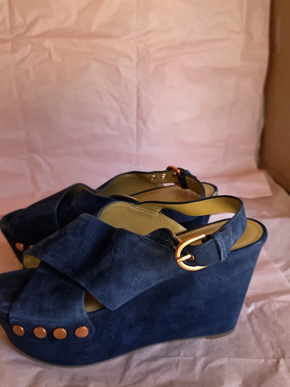 Marc Fisher Navy Suede Platform Wedge Sandals with Copper Studs